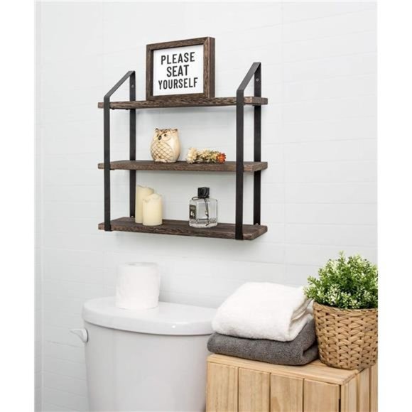 Floating Wall Shelves 3 Tier 17 Inch Rustic Hanging Shelf with Metal Bracket - Picture 3 of 5